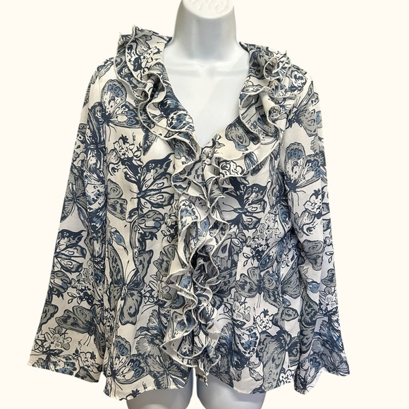 Together Blue Butterfly Ruffle Blouse | Size 10 Shell Buttons - Picture 2 of 6